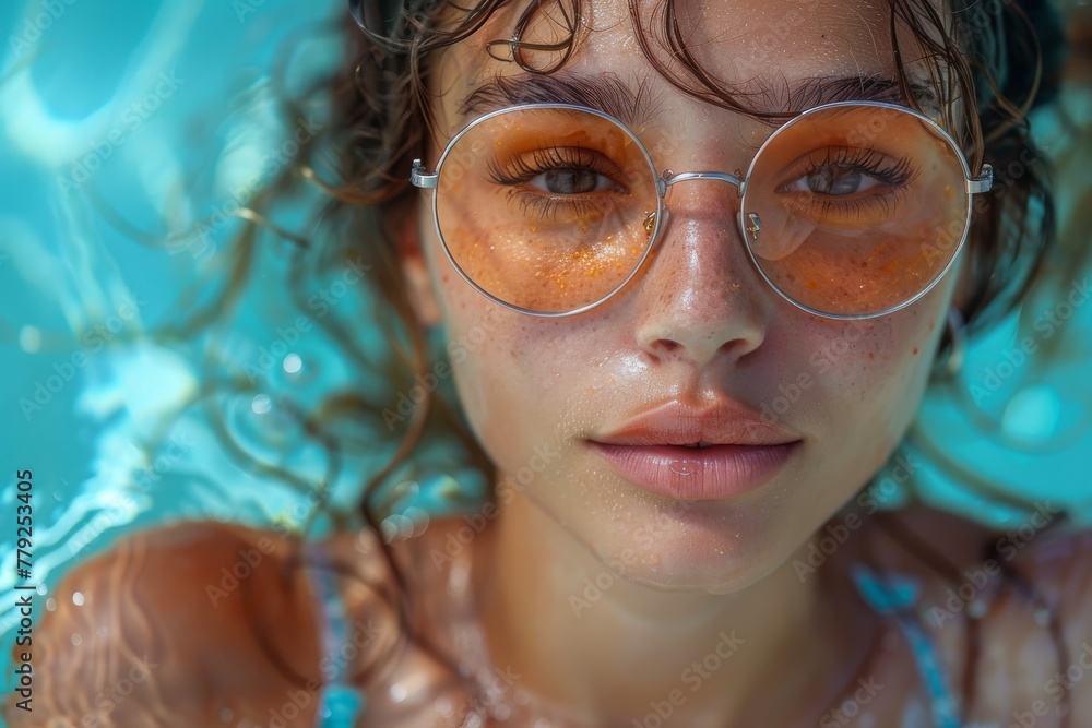 Close-up of a woman with water droplets on her face and reflective sunglasses Close-up of a woman with water droplets on her face and reflective sunglasses