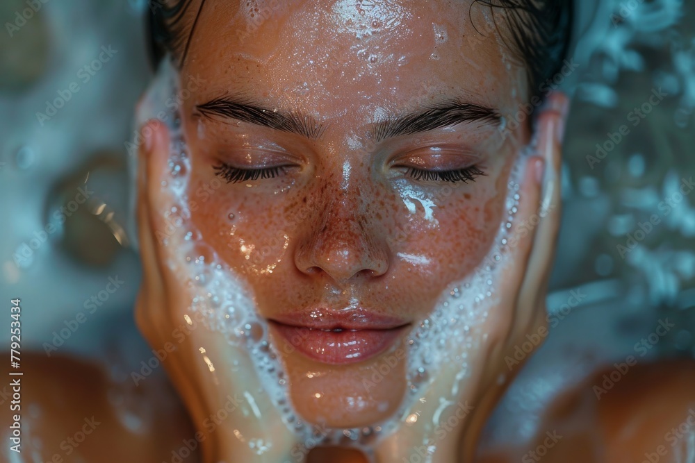 Detailed close-up of a woman's face covered in water droplets, with closed eyes Detailed close-up of a woman's face covered in water droplets, with closed eyes