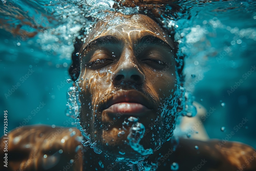 Close-up of a man submerged in water with bubbles surrounding his face
