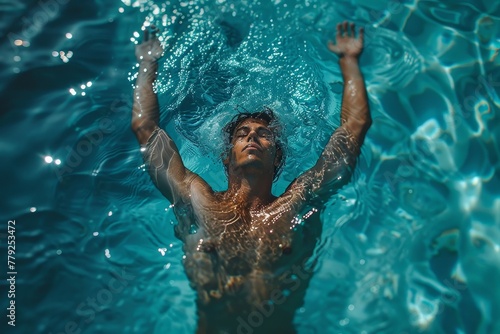 An overhead shot of a man swimming in a crystal-clear pool, with the sun casting glimmers and ripples in the water photo