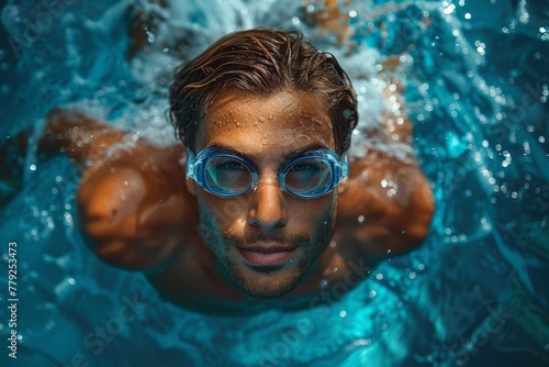 A man with clear blue goggles focused while swimming in a crystal clear pool