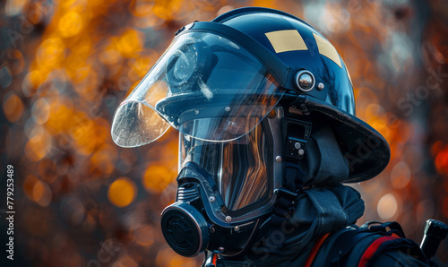 Close-up of a firefighter's helmet with reflective visor, autumn bokeh background enhances the focus on safety gear.