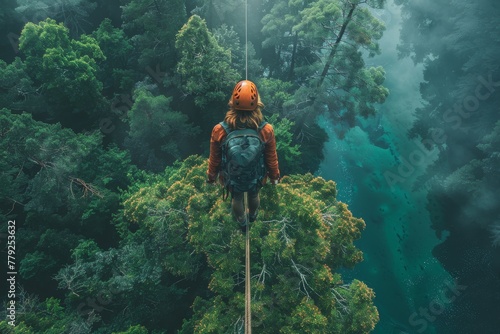 An individual in outdoor gear rappelling down surrounded by the dense foliage of a vibrant green forest Emphasizes adventure and exploration