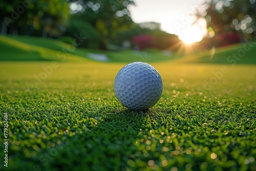Close-up of a golf ball on the tee with the sun rising in the background Implies precision and early morning golf game