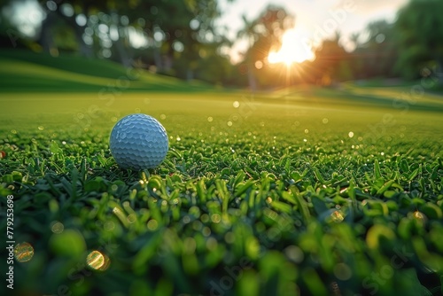 Close-up of a golf ball on lush green grass with the sun setting in the background, casting a gentle light