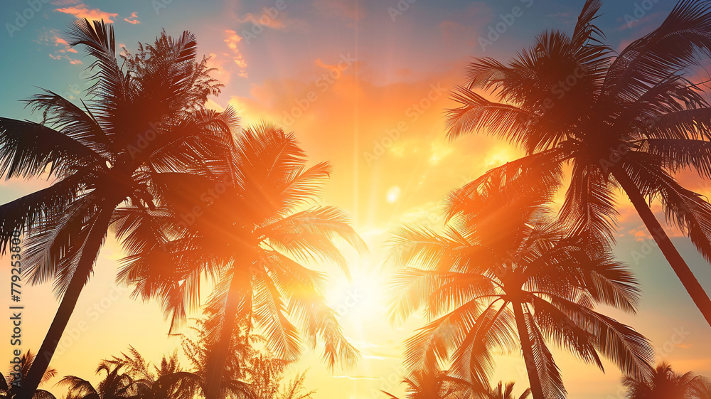 A breathtaking view of the sun setting behind silhouetted palm trees against a radiant sky.