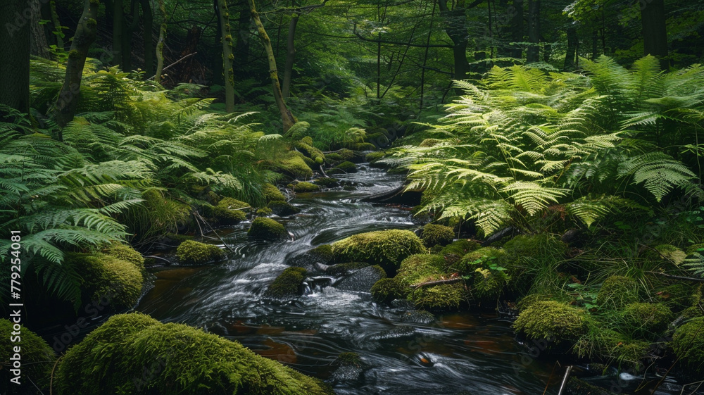 A babbling brook winding its way through a lush forest, framed by ferns and moss-covered rocks.