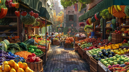 A colorful farmers market with stalls brimming with fresh produce.