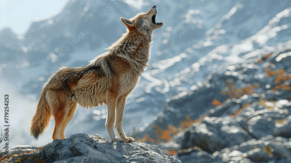 Fototapeta premium A lone coyote howling atop a rocky cliff with snow-covered mountains in the background during sunrise.