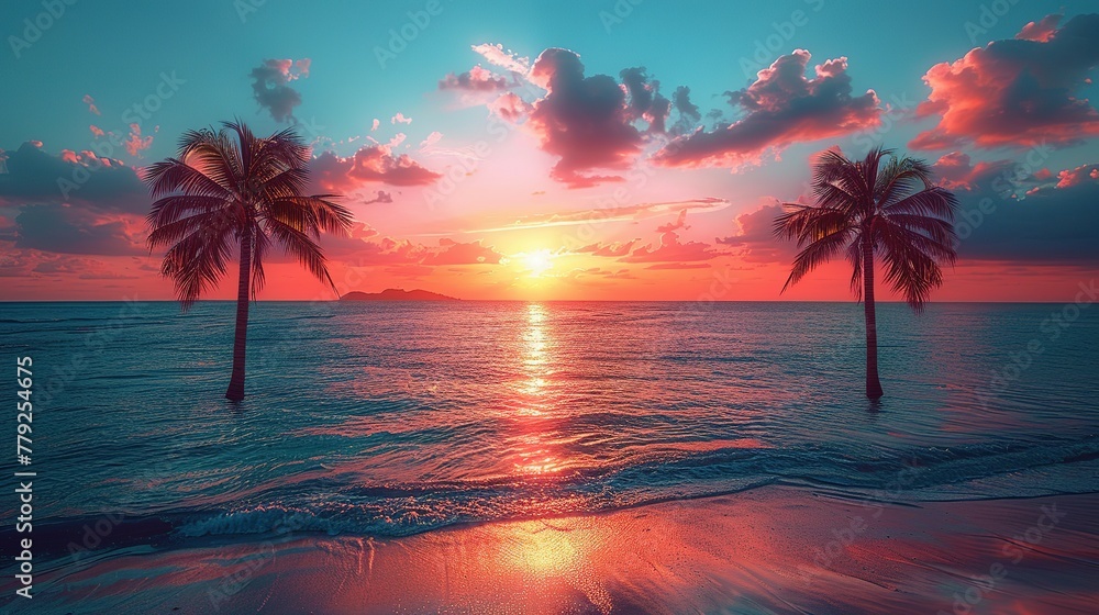 Palm Trees Silhouettes On Tropical Beach At Sunset - Modern Vintage Colors - obrazy, fototapety, plakaty 