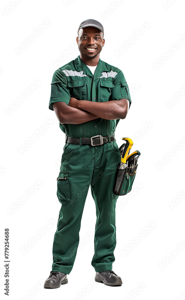 A male service master repairman plumber electrician stands at full height in protective work clothing with his arms crossed. He smiles and holds a toolbox. Isolated on white background A male service master repairman plumber electrician stands at full height in protective work clothing with his arms crossed. He smiles and holds a toolbox. Isolated on white background