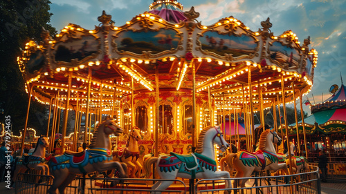 A colorful carousel spinning merrily in a summer carnival.