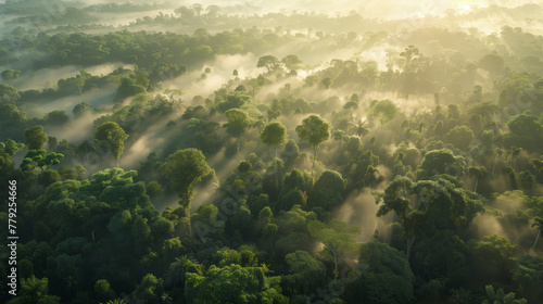 A forest with foggy mist and trees. The trees are green and the sky is cloudy