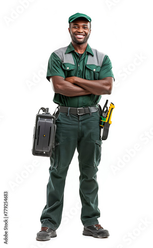A male service master repairman plumber electrician stands at full height in protective work clothing with his arms crossed. He smiles and holds a toolbox. Isolated on white background