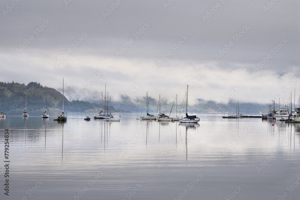 Boats in front of the shore of Cowichan Bay during a winter season on Vancouver Island in British Columbia, Canada Boats in front of the shore of Cowichan Bay during a winter season on Vancouver Island in British Columbia, Canada