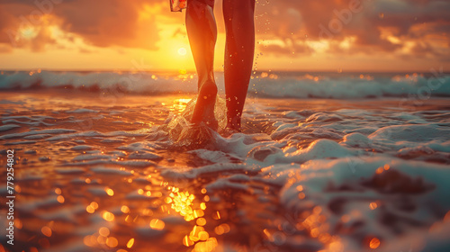 A beautiful woman legs is walking on the water of beach sea water against the backdrop of a tropical sunset over the ocean, low point view iclose-up, warm sunset light scene