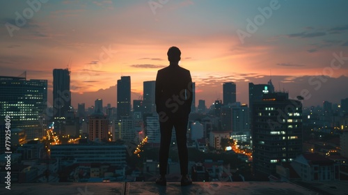 Confident businessman standing on the building rooftop while looking at the silhouette