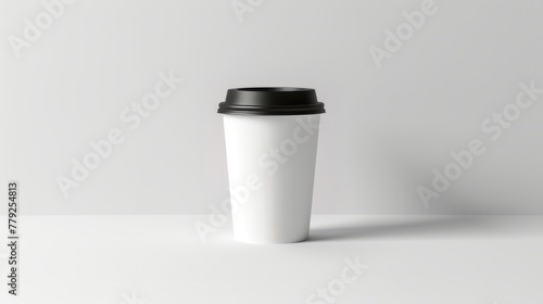 A mockup of a white plastic cup with a black lid on a gray background.