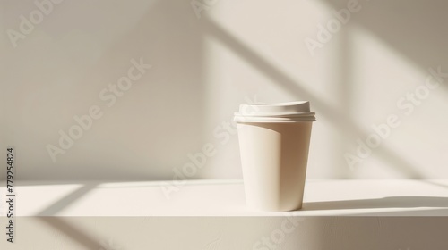 A mockup of a brown plastic cup inside a minimalist room with brown walls and sunlight from the side.