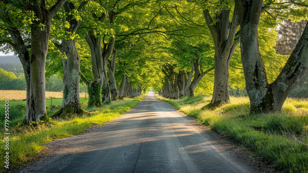 A meandering country road lined with lush green trees, disappearing into the horizon under a clear blue summer sky.