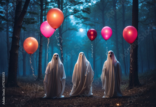 A haunting scene depicting ghostly figures in white sheets holding illuminated balloons, standing on a path through a dark, misty forest.