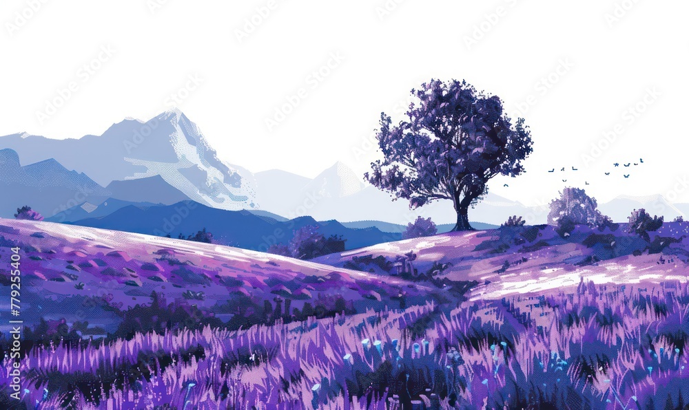 A serene digital art painting showcasing vibrant lavender fields under a purple sky, with a single tree and distant mountains