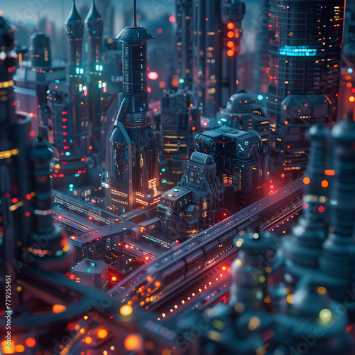 Futuristic Cityscape with Neon Lights at Twilight