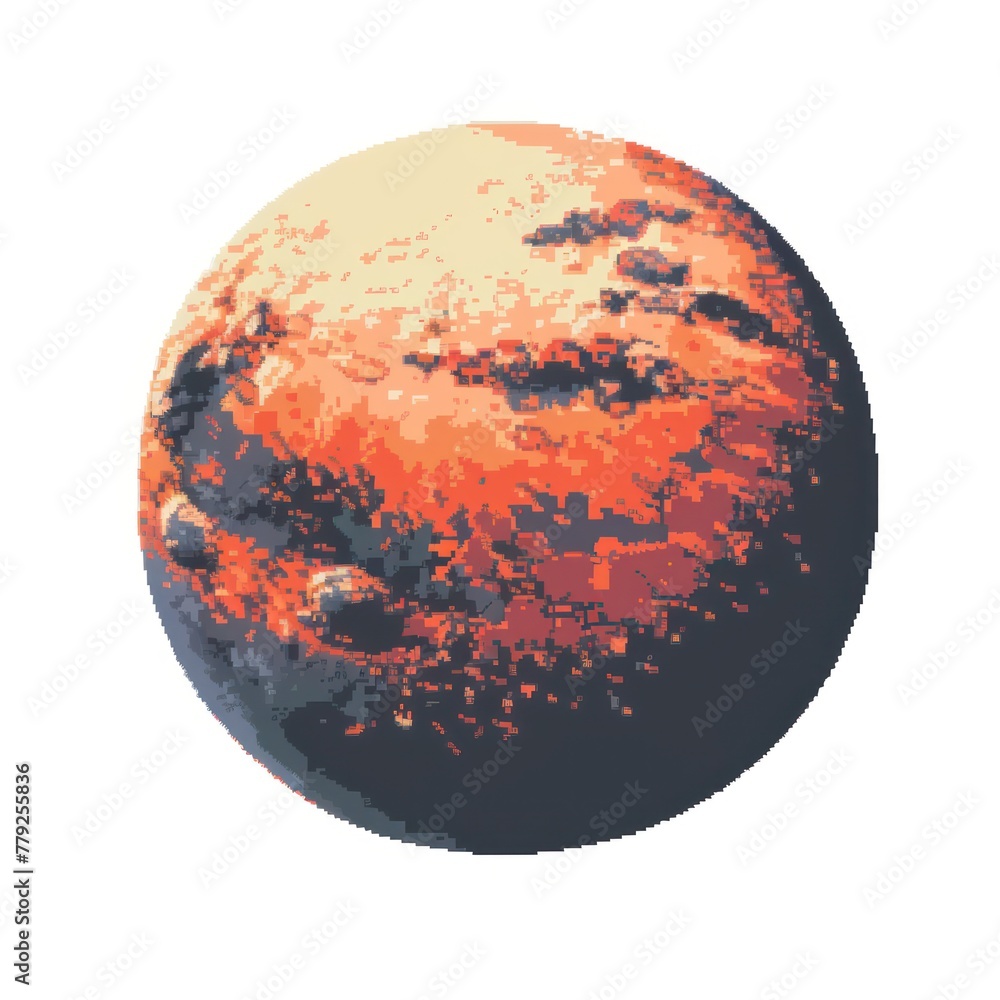 This image features a planet with orange and brown hues in a pixel art style, suggesting a warm and possibly alien world This image features a planet with orange and brown hues in a pixel art style, suggesting a warm and possibly alien world