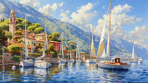 A group of sailboats moored in a picturesque harbor, their masts swaying gently in the summer breeze.