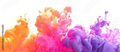 A vibrant display of magenta smoke billows out of the water, creating a stunning artistic event against a crisp white background, resembling a flowering plant in bloom photo