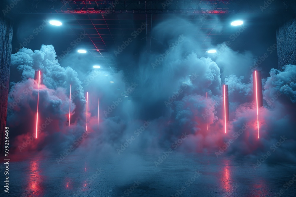 An atmospheric image featuring a spacious industrial or warehouse interior bathed in dramatic neon lighting, with smoke or fog adding an eerie quality