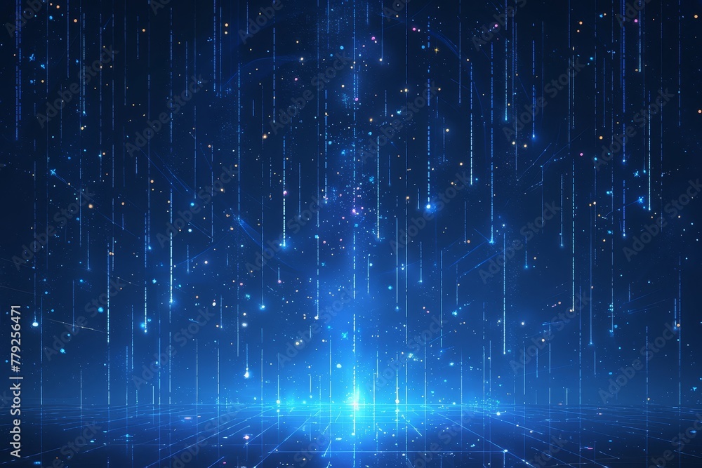 Abstract digital background with glowing blue light rain falling on dark floor, technology and science concept