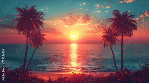 Palm Trees Silhouettes On Tropical Beach At Sunset - Modern Vintage Colors