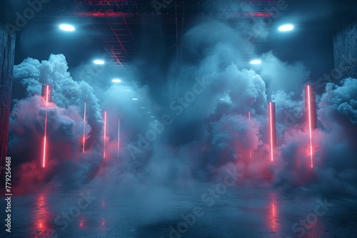 An atmospheric image featuring a spacious industrial or warehouse interior bathed in dramatic neon lighting, with smoke or fog adding an eerie quality