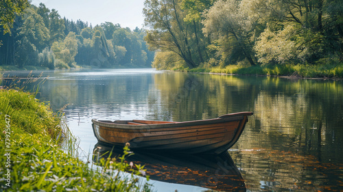 A peaceful riverbank with a rowboat gently floating on the water. © CREATER CENTER