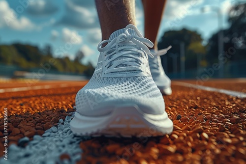 A dynamic close up shot of a pair of white sneakers ready to start a race on an orange athletic track