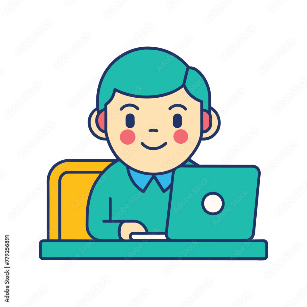 Young man programmer working on laptop or computer, online career, vector flat illustration
