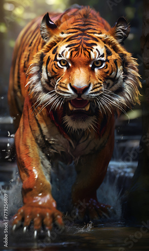A tiger  a wild animal of prey  enraged.