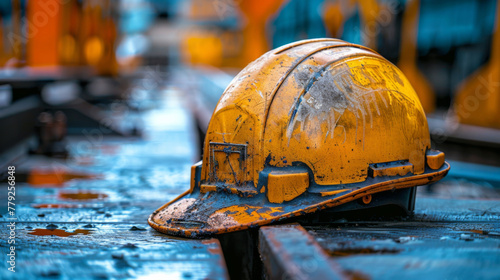 A dirty, worn yellow construction helmet lying on a wooden surface at a construction site.
