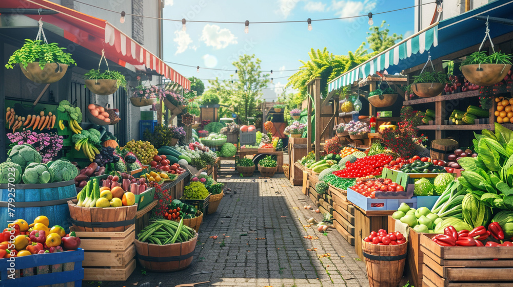 A colorful farmers market with stalls brimming with fresh produce.
