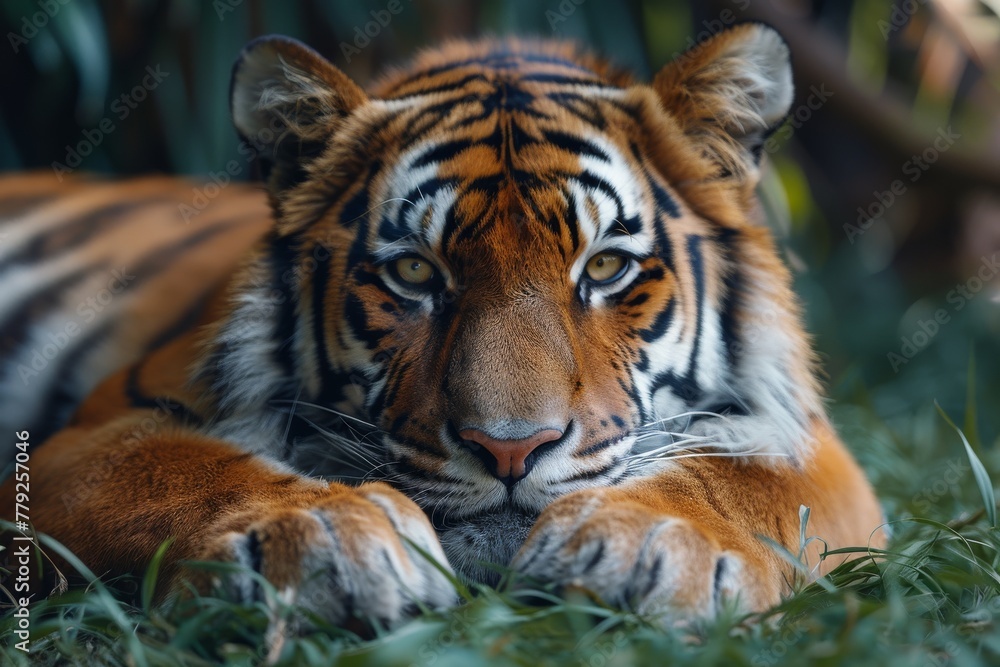 Obraz premium This stunning image features a Bengal tiger lying in green grass, showcasing the magnificent stripes and intense gaze of this apex predator
