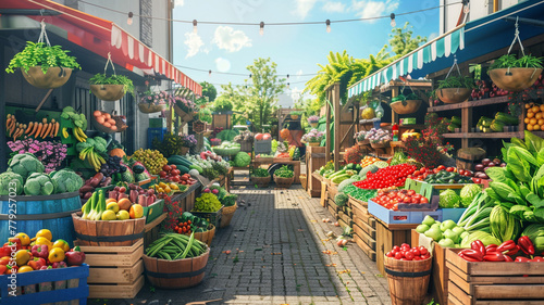 A colorful farmers market with stalls brimming with fresh produce. photo
