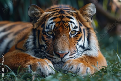 This stunning image features a Bengal tiger lying in green grass  showcasing the magnificent stripes and intense gaze of this apex predator
