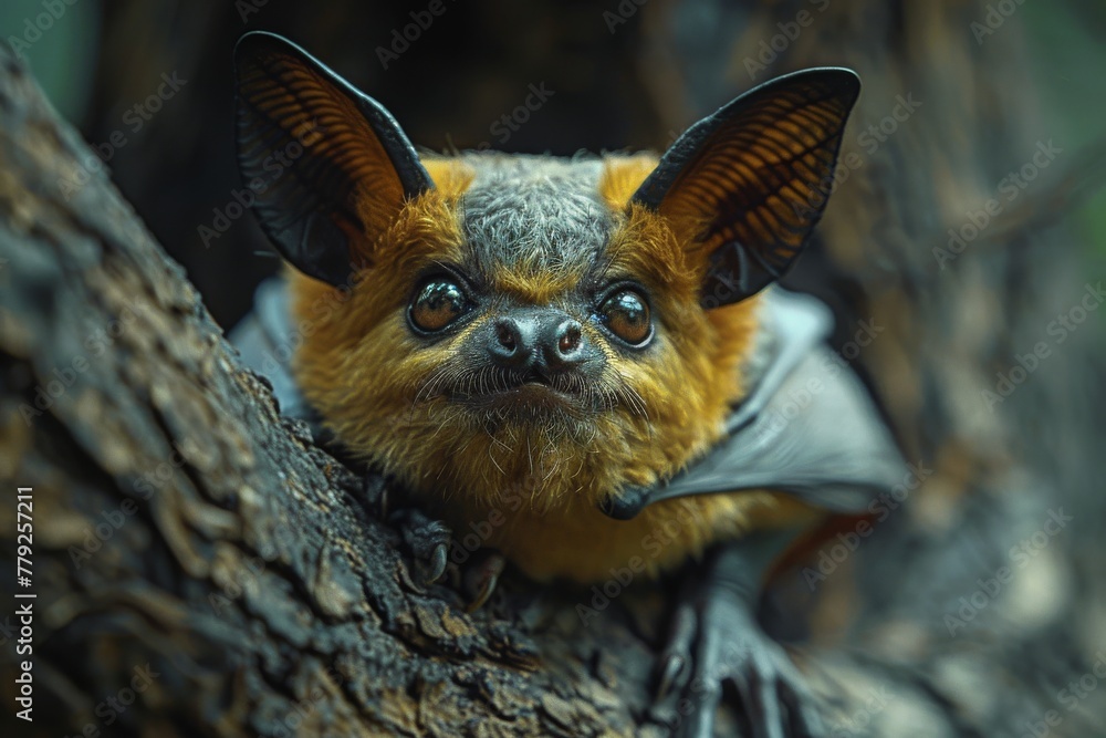 This detailed image captures the intriguing features of a bat with large ears and sharp eyes, nestled in its natural habitat