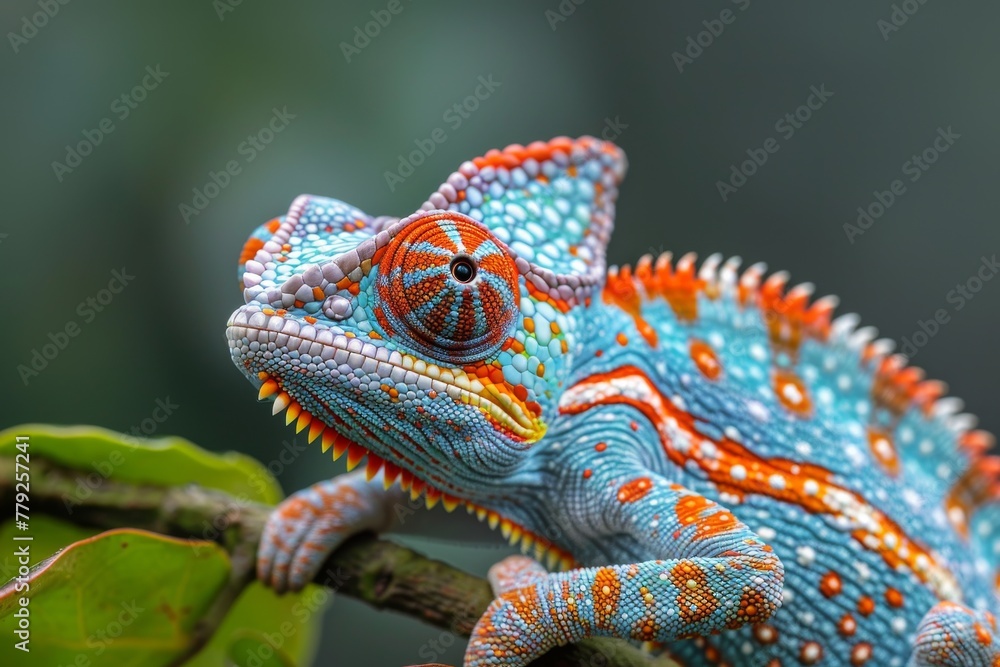 Fototapeta premium Stunning panoramic view of a vibrant chameleon displaying its elaborate pattern and colors on a branch