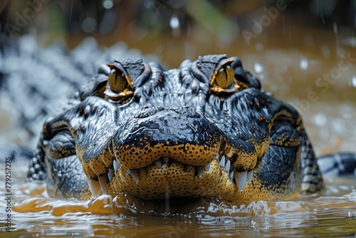 Detailed close-up of an alligator's face as it lurks in murky water, showcasing its powerful jaws and sharp teeth
