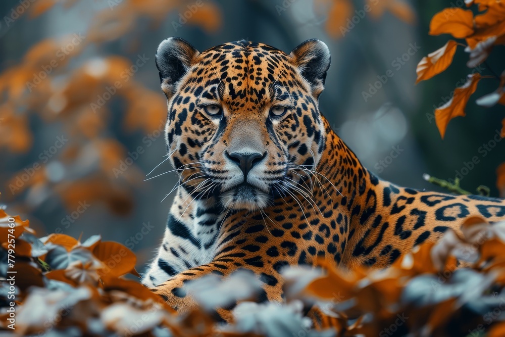 Obraz premium A captivating portrait of a leopard gazing intently surrounded by soft autumn foliage, showcasing its spotted coat
