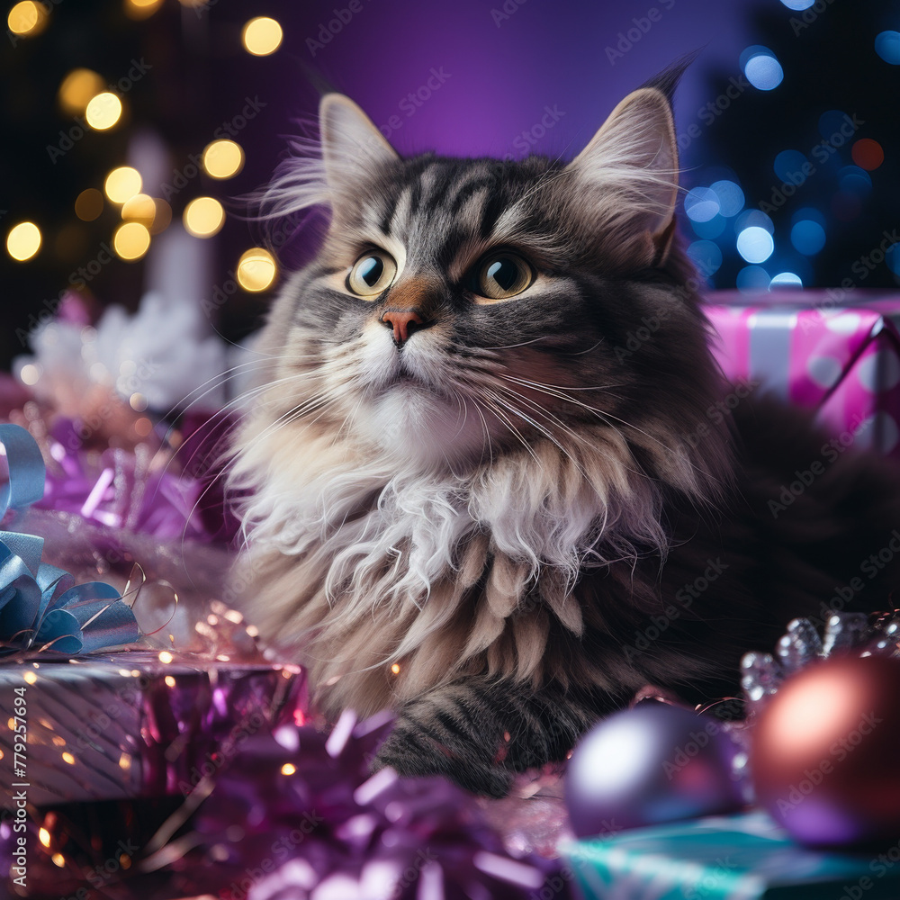 Maine Coon Cat Among Christmas Decorations

