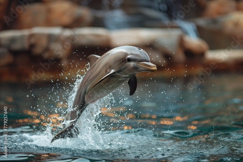 An engaging close-up of a dolphin leaping with a blurred natural backdrop, emphasizing its dynamic movement © Larisa AI