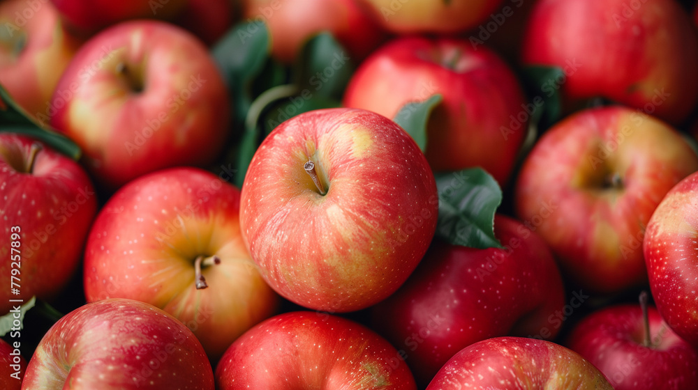 A bunch of red apples with green leaves on top A bunch of red apples with green leaves on top